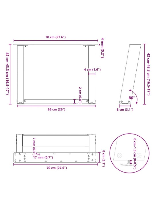 Nohy konferenčního stolku ve tvaru u, 2 ks, černé, 70 x (42-43) cm, ocel