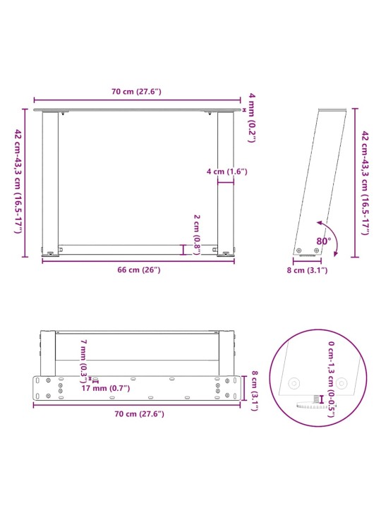 Nohy konferenčního stolku ve tvaru u 2 ks antracitové 70 x (42-43) cm ocelové