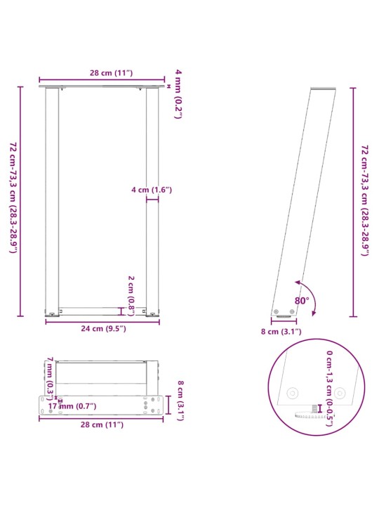 Nohy konzolového stolku ve tvaru u, 2 ks, černé, 28 x (72-73) cm, ocel