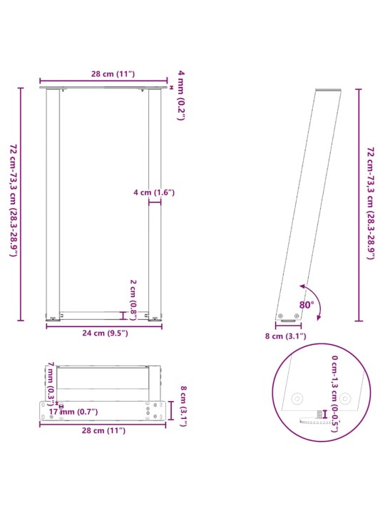Nohy konzolového stolku ve tvaru u, 2 ks, bílé, 28 x (72-73) cm, ocel
