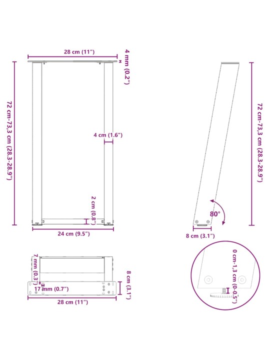 Nohy konzolového stolku ve tvaru u, 2 ks, přírodní ocel, 28 x (72-73) cm, ocel