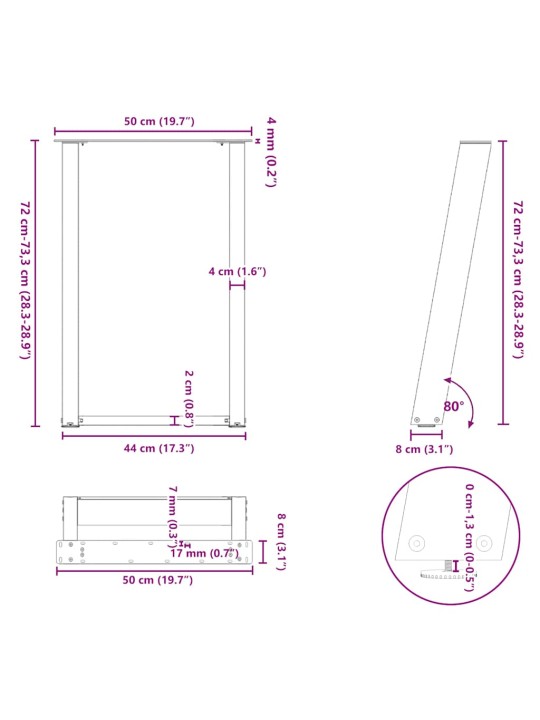 Nohy k jídelnímu stolu ve tvaru u, 2 ks, černé, 50 x (72-73) cm, ocel