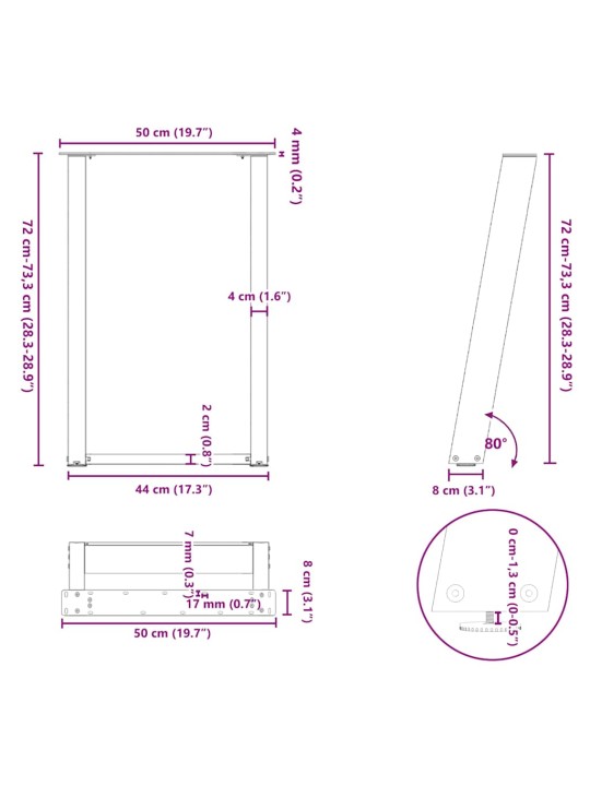 Nohy k jídelnímu stolu ve tvaru u, 2 ks, přírodní ocel, 50 x (72-73) cm, ocel