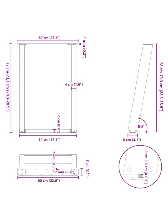 Nohy k jídelnímu stolu ve tvaru u, 2 ks, přírodní ocel, 60 x (72-73) cm, ocel