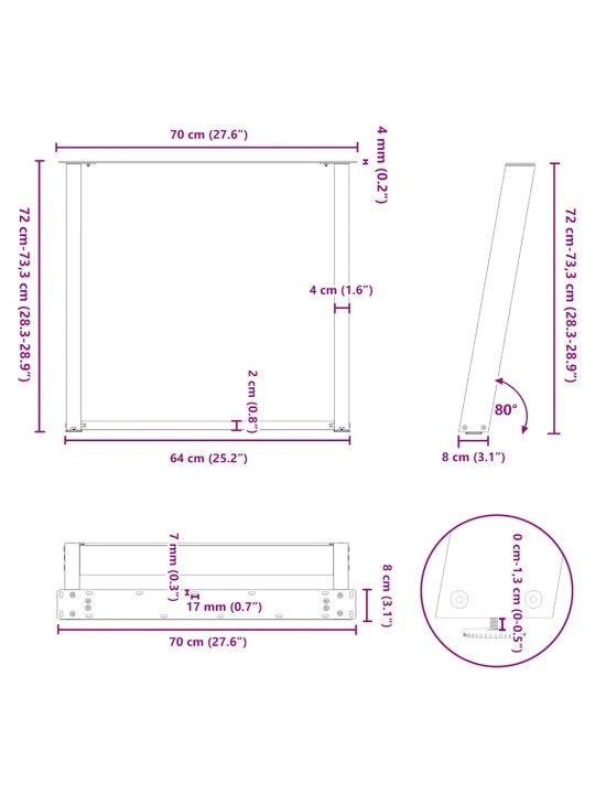 Nohy k jídelnímu stolu ve tvaru u, 2 ks, černé, 70 x (72-73) cm, ocel