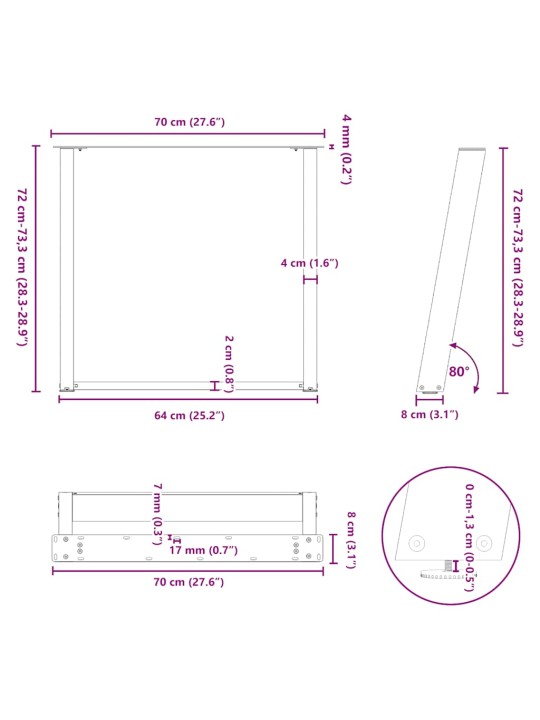 Nohy k jídelnímu stolu ve tvaru u, 2 ks, bílé, 70 x (72-73) cm, ocel