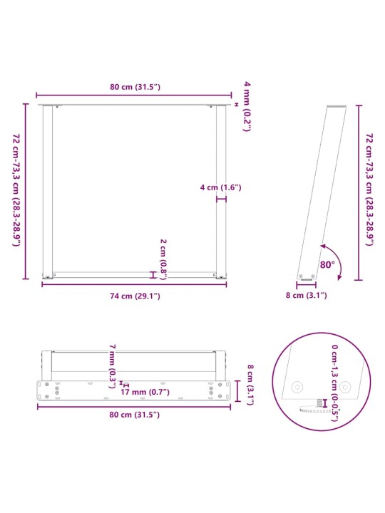 Nohy k jídelnímu stolu ve tvaru u, 2 ks, bílé, 80 x (72-73) cm, ocel