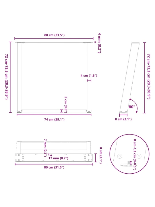 Nohy k jídelnímu stolu ve tvaru u, 2 ks, bílé, 80 x (72-73) cm, ocel