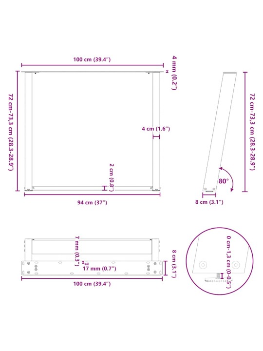 Nohy k jídelnímu stolu ve tvaru u, 2 ks, černé, 100 x (72-73) cm, ocel