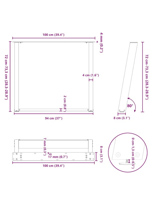 Nohy k jídelnímu stolu ve tvaru u, 2 ks, přírodní ocel, 100 x (72-73) cm, ocel