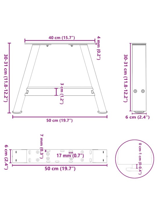 Nohy konferenčního stolku ve tvaru a, 2 ks, 50 x (30-31) cm, ocel