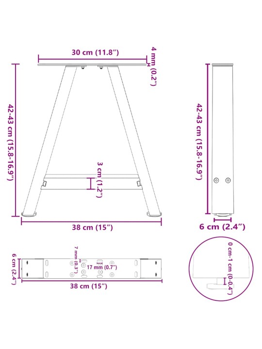 Nohy konferenčního stolku ve tvaru a, 2 ks, 38 x (42-43) cm, ocel