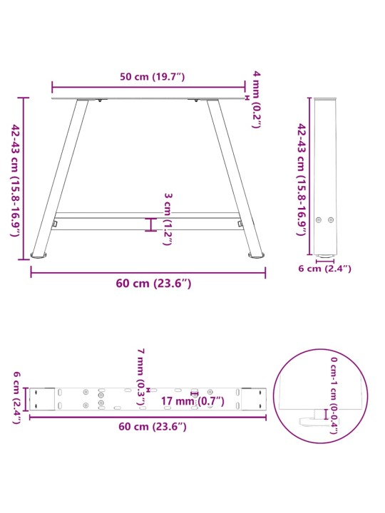 Nohy konferenčního stolku ve tvaru a, 2 ks, antracitové, 60 x (42-43) cm, ocel