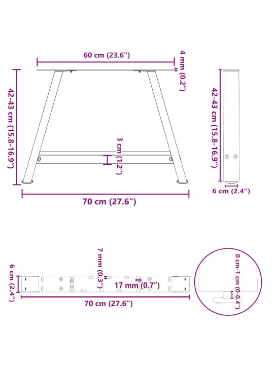 Nohy konferenčního stolku ve tvaru A, 2 ks, černé, 70 x (42-43) cm, ocel