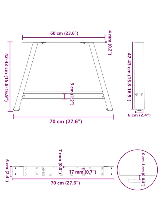 Nohy konferenčního stolku ve tvaru a, 2 ks, antracitové, 70 x (42-43) cm, ocel