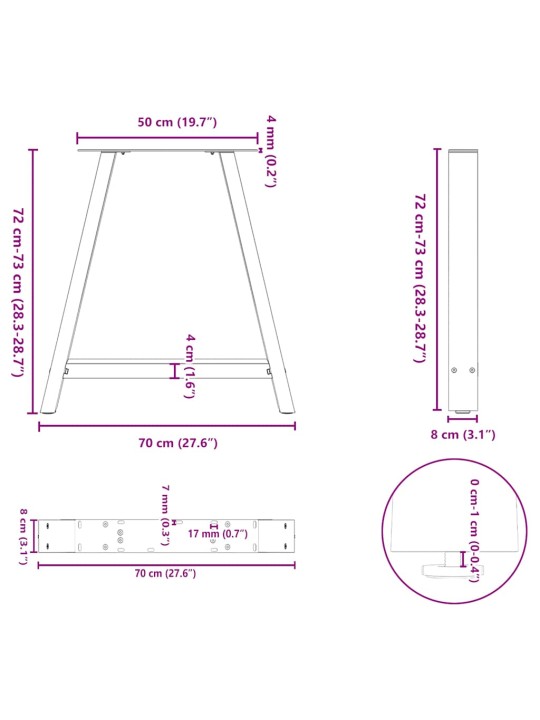Nohy k jídelnímu stolu ve tvaru A, 2 ks, černé, 70 x (72-73) cm, ocel