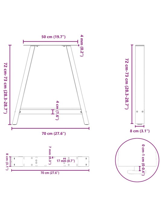 Nohy k jídelnímu stolu ve tvaru a, 2 ks, bílé, 70 x (72-73) cm, ocel