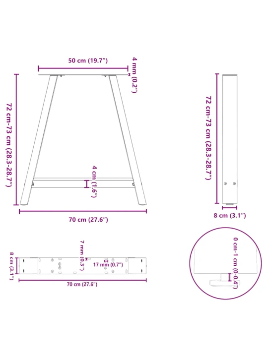 Nohy k jídelnímu stolu ve tvaru a, 2 ks, 70 x (72-73) cm, ocel