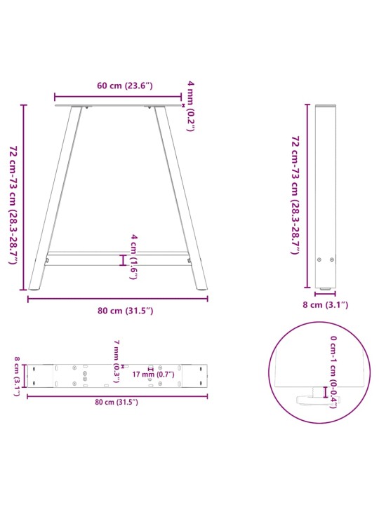 Nohy k jídelnímu stolu ve tvaru A, 2 ks, černé, 80 x (72-73) cm, ocel