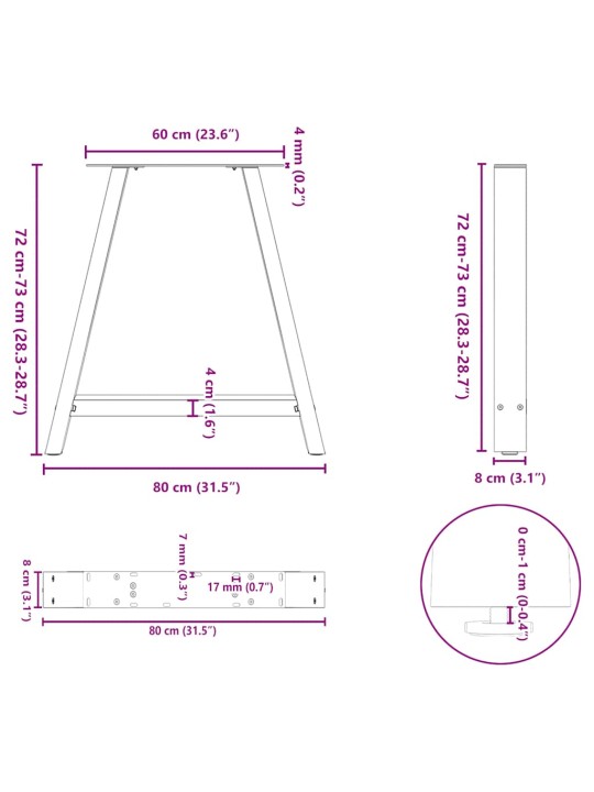 Nohy k jídelnímu stolu ve tvaru A, 2 ks, antracitové, 80 x (72-73) cm, ocel