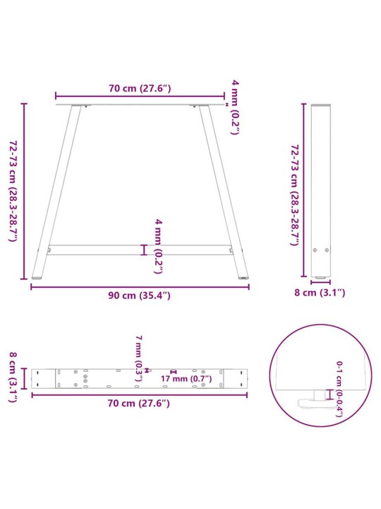 Nohy k jídelnímu stolu ve tvaru a, 2 ks, bílé, 90 x (72-73) cm, ocel