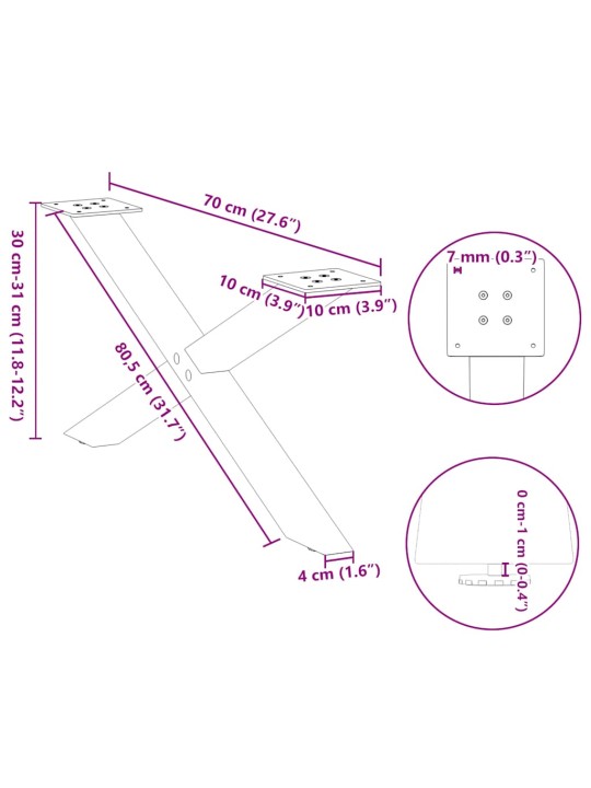 Nohy konferenčního stolku ve tvaru x, 2 ks, přírodní ocel, 70 x (30-31) cm, ocel