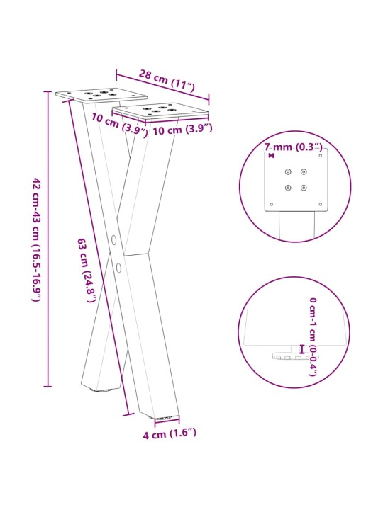 Nohy konferenčního stolku ve tvaru x, 2 ks, přírodní ocel, 28 x (42-43) cm, ocel
