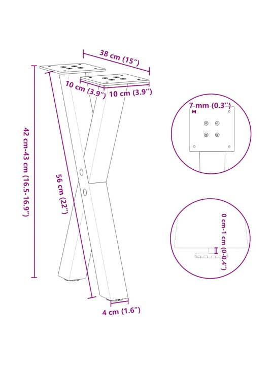 Nohy konferenčního stolku ve tvaru x, 2 ks, antracitové, 38 x (42-43) cm, ocel