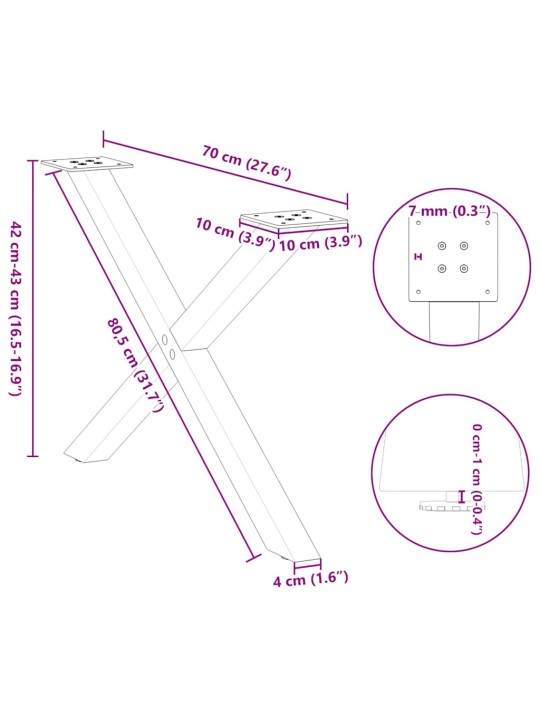 Nohy konferenčního stolku ve tvaru x, 2 ks, přírodní ocel, 70 x (42-43) cm, ocel