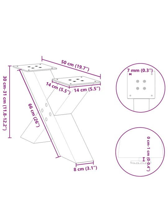 Nohy konferenčního stolku ve tvaru x, 2 ks, přírodní ocel, 50 x (30-31) cm, ocel