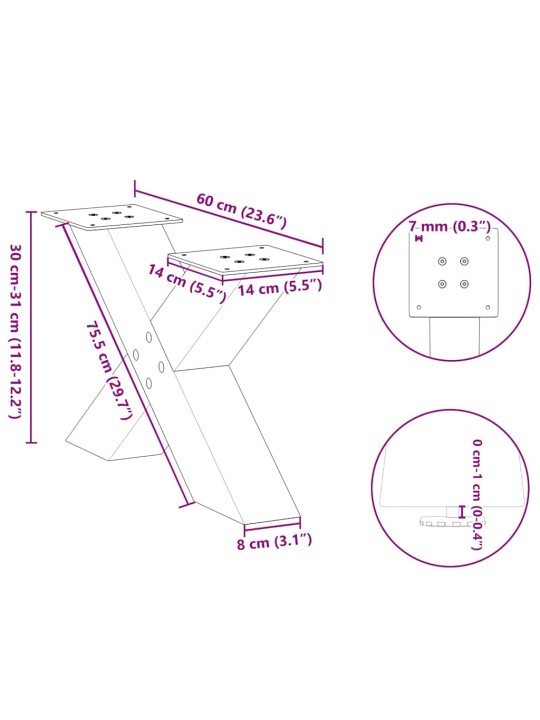 Nohy konferenčního stolku ve tvaru x, 2 ks, černé, 60 x (30-31) cm, ocel