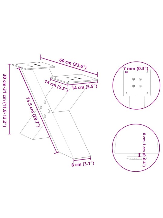 Nohy konferenčního stolku ve tvaru x, 2 ks, přírodní ocel, 60 x (30-31) cm, ocel