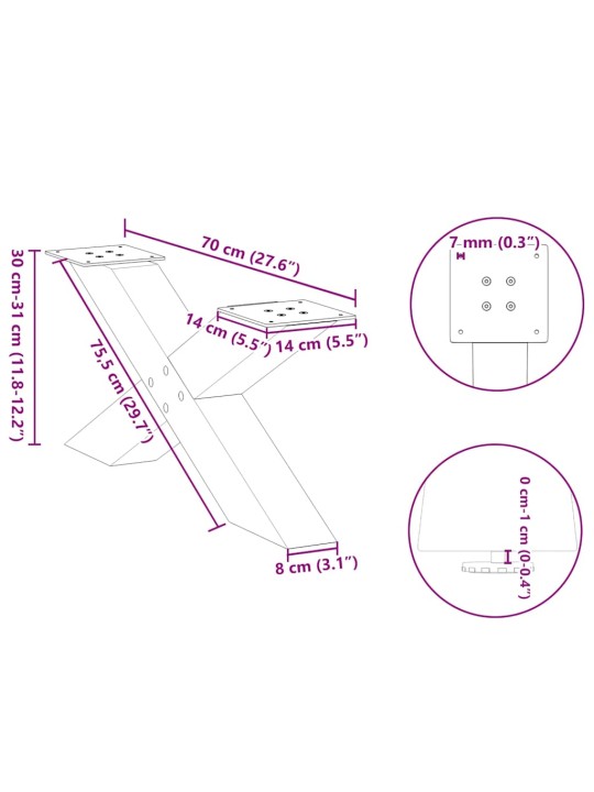 Nohy konferenčního stolku ve tvaru x, 2 ks, černé, 70 x (30-31) cm, ocel
