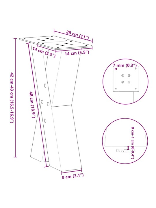 Nohy konferenčního stolku ve tvaru x, 2 ks, přírodní ocel, 28 x (42-43) cm, ocel