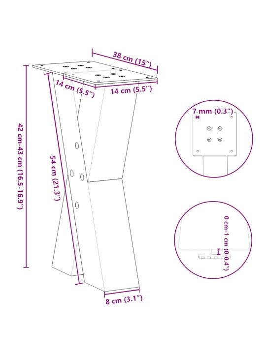 Nohy konferenčního stolku ve tvaru x, 2 ks, přírodní ocel, 38 x (42-43) cm, ocel