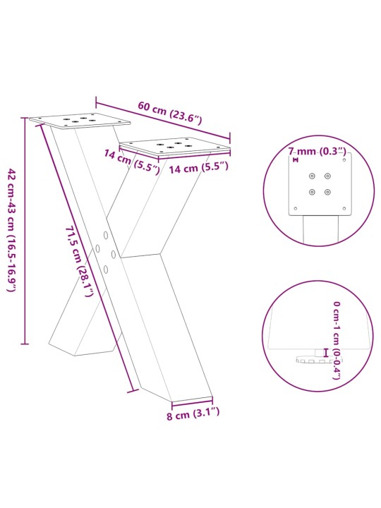 Nohy konferenčního stolku ve tvaru x, 2 ks, přírodní ocel, 60 x (42-43) cm, ocel