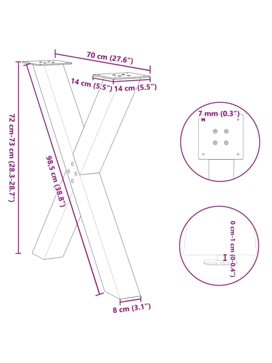 Nohy k jídelnímu stolu ve tvaru x, 2 ks, přírodní ocel, 70 x (72-73) cm, ocel