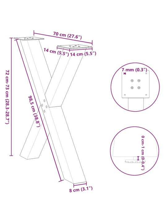 Nohy k jídelnímu stolu ve tvaru X, 3 ks, černé, 70 x (72-73) cm, ocel
