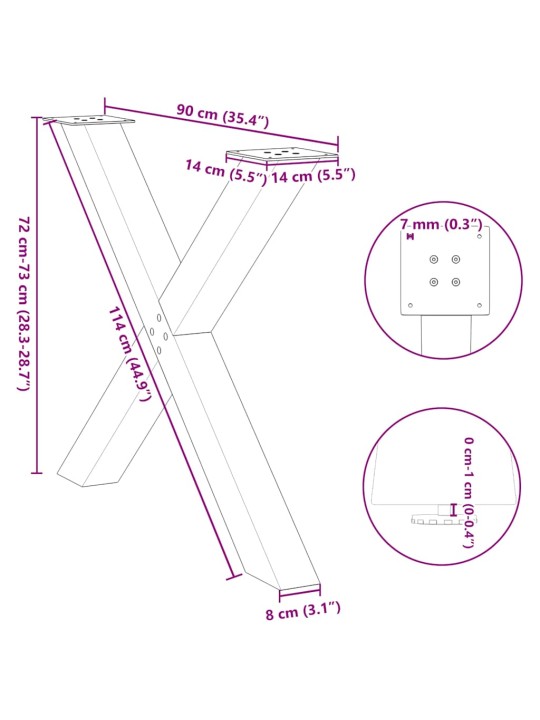 Nohy k jídelnímu stolu ve tvaru x, 3 ks, černé, 90 x (72-73) cm, ocel