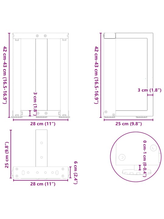 Nohy konferenčního stolku ve tvaru t, 2 ks, černé, 28 x 25 x (42-43) cm, ocel