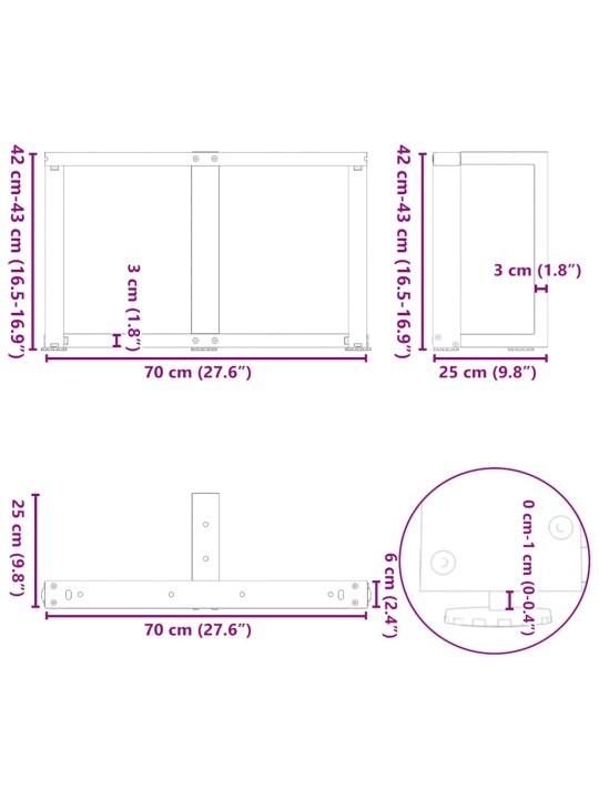 Nohy konferenčního stolku ve tvaru T, 2 ks, černé, 70 x 25 x (42-43) cm, ocel
