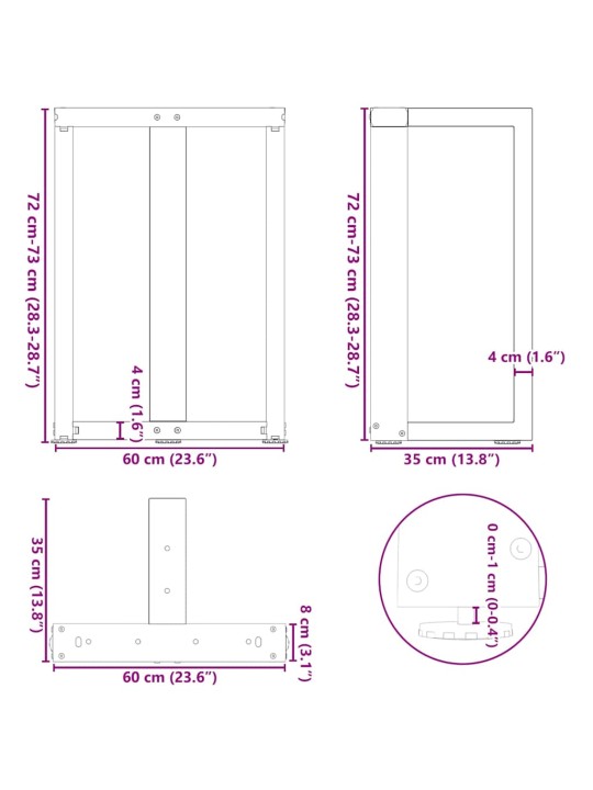 Nohy k jídelnímu stolu ve tvaru T, 2 ks, černé, 60 x 35 x (72-73) cm, ocel