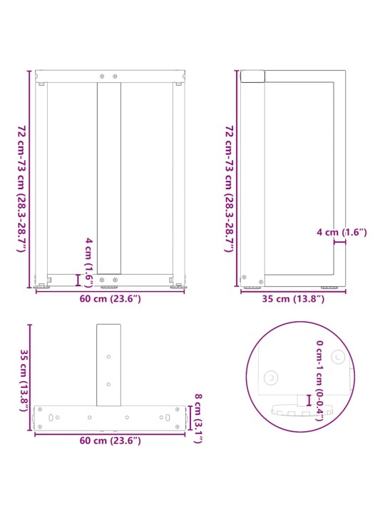 Nohy k jídelnímu stolu ve tvaru T, 2 ks, antracitové, 60 x 35 x (72-73) cm, ocel