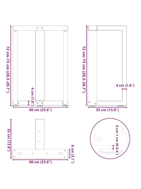 Nohy k jídelnímu stolu ve tvaru t, 2 ks, černé, 60 x 35 x (72-73) cm, ocel