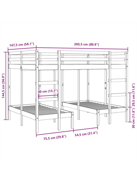 Rám trojité patrové postele 140x200/70x140 cm masivní borovice