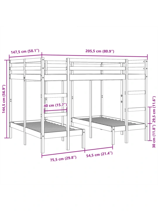 Rám trojité patrové postele bílý 140x200/70x140 cm borovice