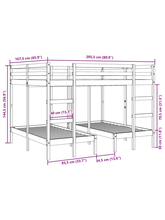 Rám trojité patrové postele 160x200/80x160 cm masivní borovice