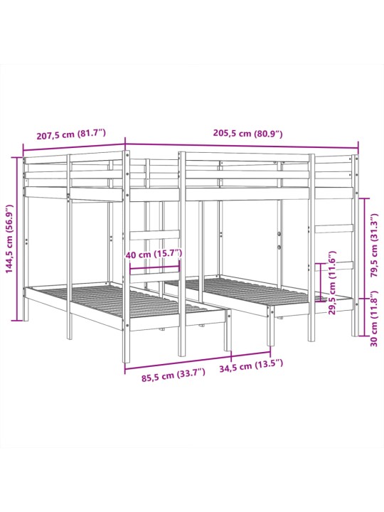 Rám trojité patrové postele bílý 200x200/80x200 cm borovice