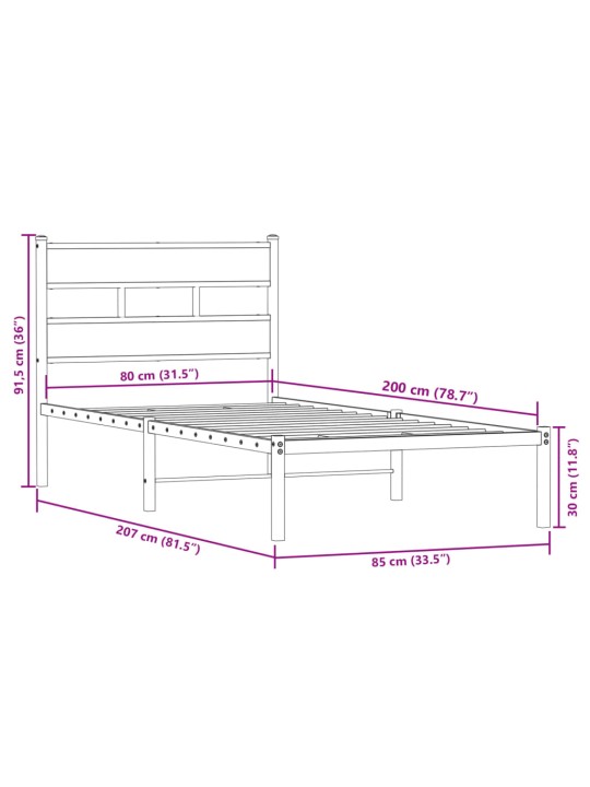 Kovový rám postele bez matrace kouřový dub 80 x 200 cm