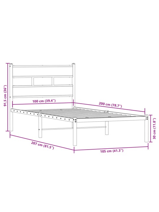 Kovový rám postele bez matrace kouřový dub 100 x 200 cm